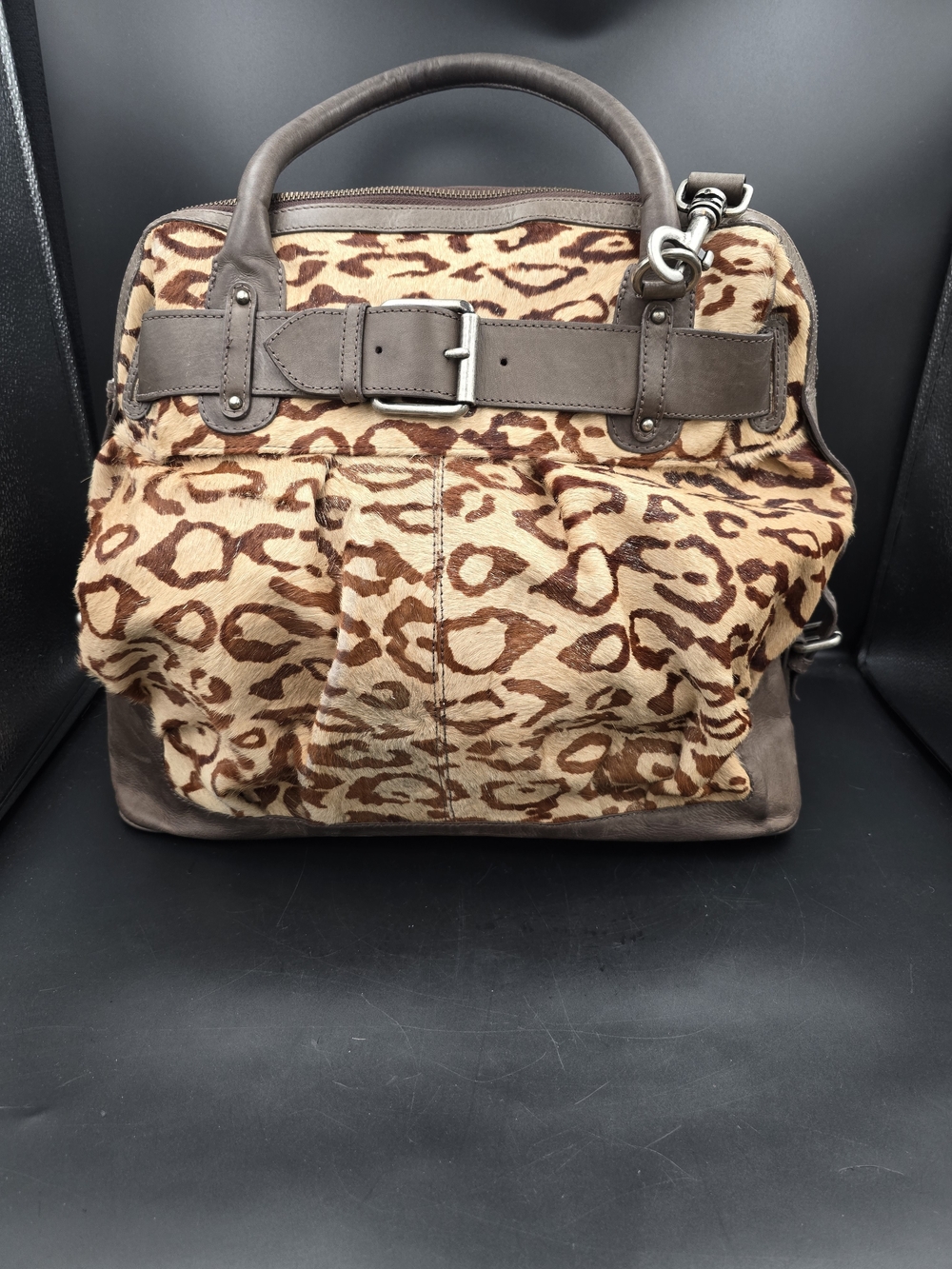 Brown Leopard Print Top-Handle Men's Bag